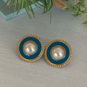 Vintage Faux Pearl and Gold LIA Dome Button Earrings Enamel
